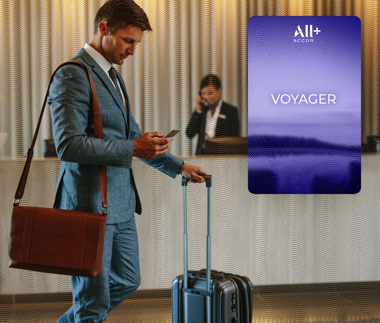 Business man in a hotel lobby and ALL Accor+ Voyager card