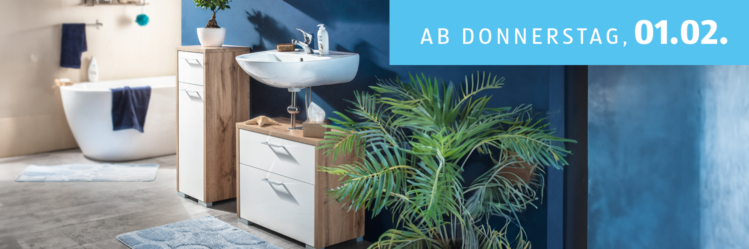 Angebote ab Donnerstag, 01.02. - Abgebildet ist ein Waschbecken-Unterschrank in einem Badezimmer mit dunkelblauer Wand und einer Pflanze im Vordergrund. 