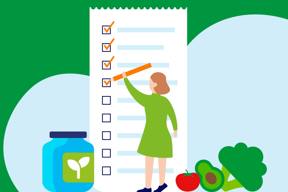Grafik einer Frau, die umgeben von Gemüse eine Checkliste abhakt.