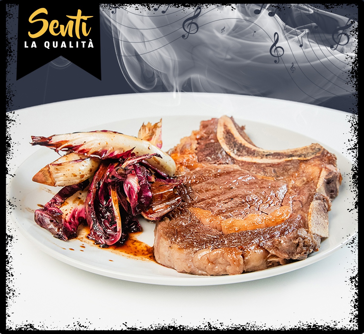 Costata di scottona alla griglia con vinaigrette di aglio nero e radicchio