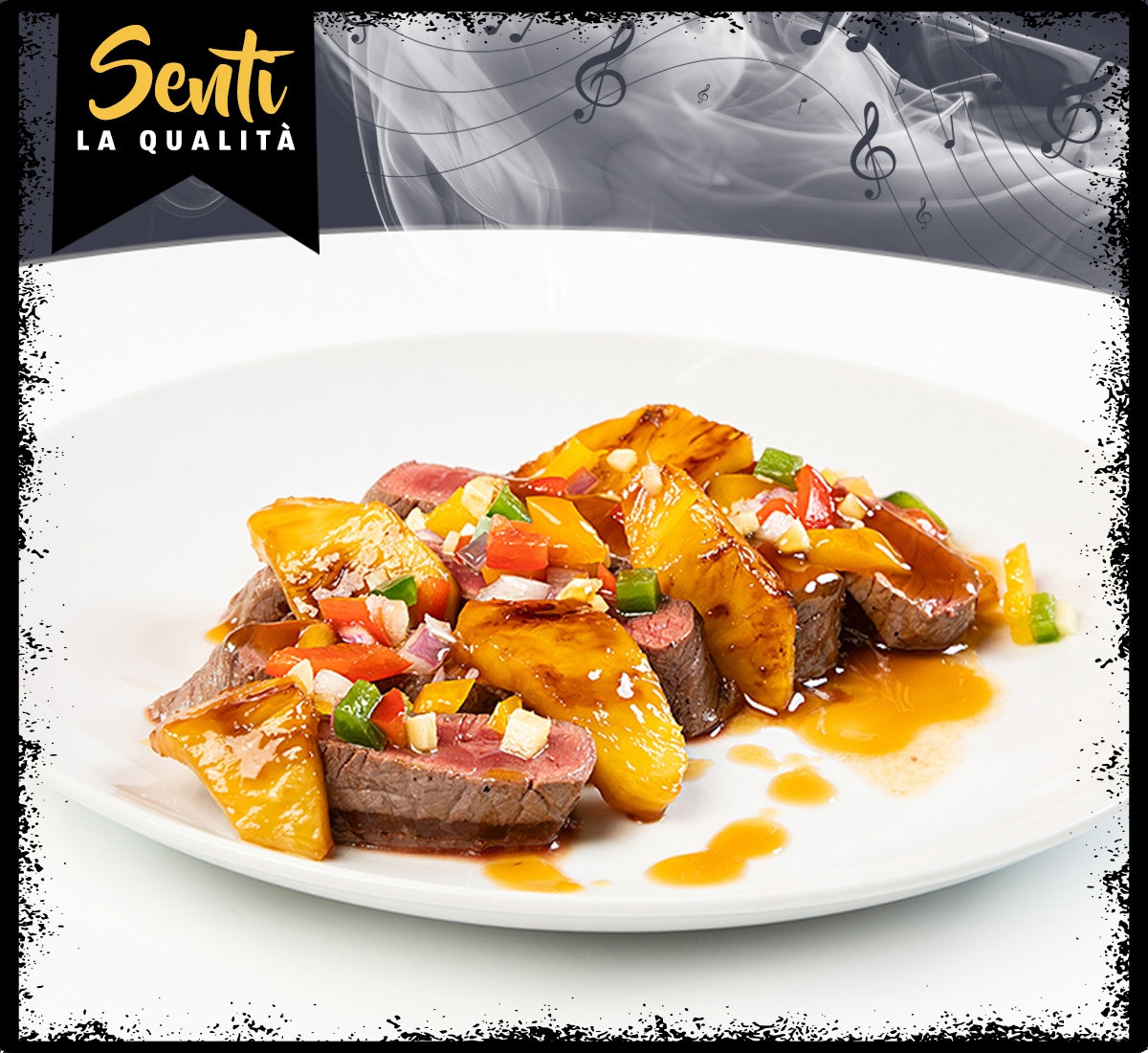 Tagliata di bovino con teriyaki di ananas e pico de gallo