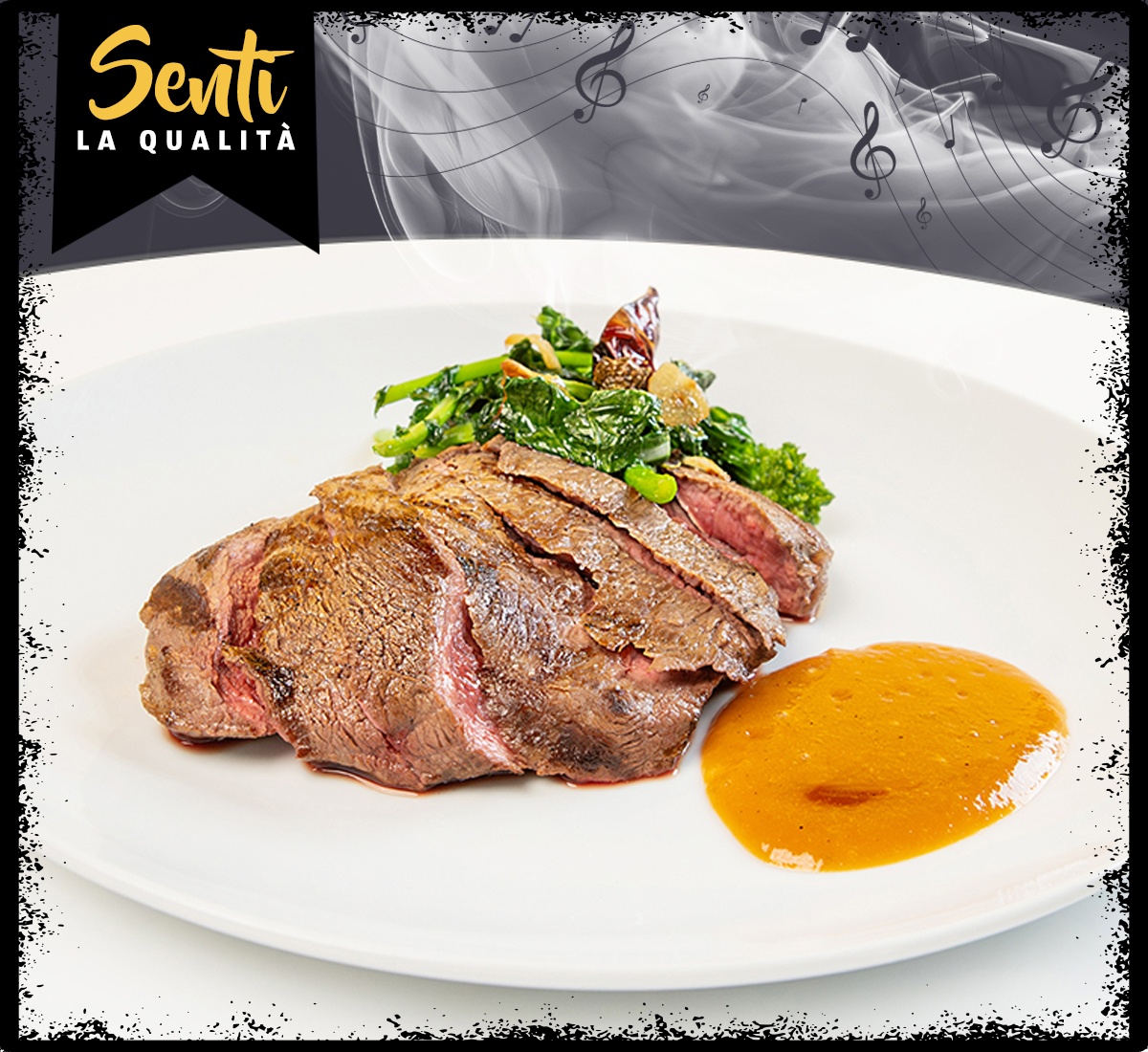 Tagliata di scottona con cime di rapa saltate e BBQ alla pesca