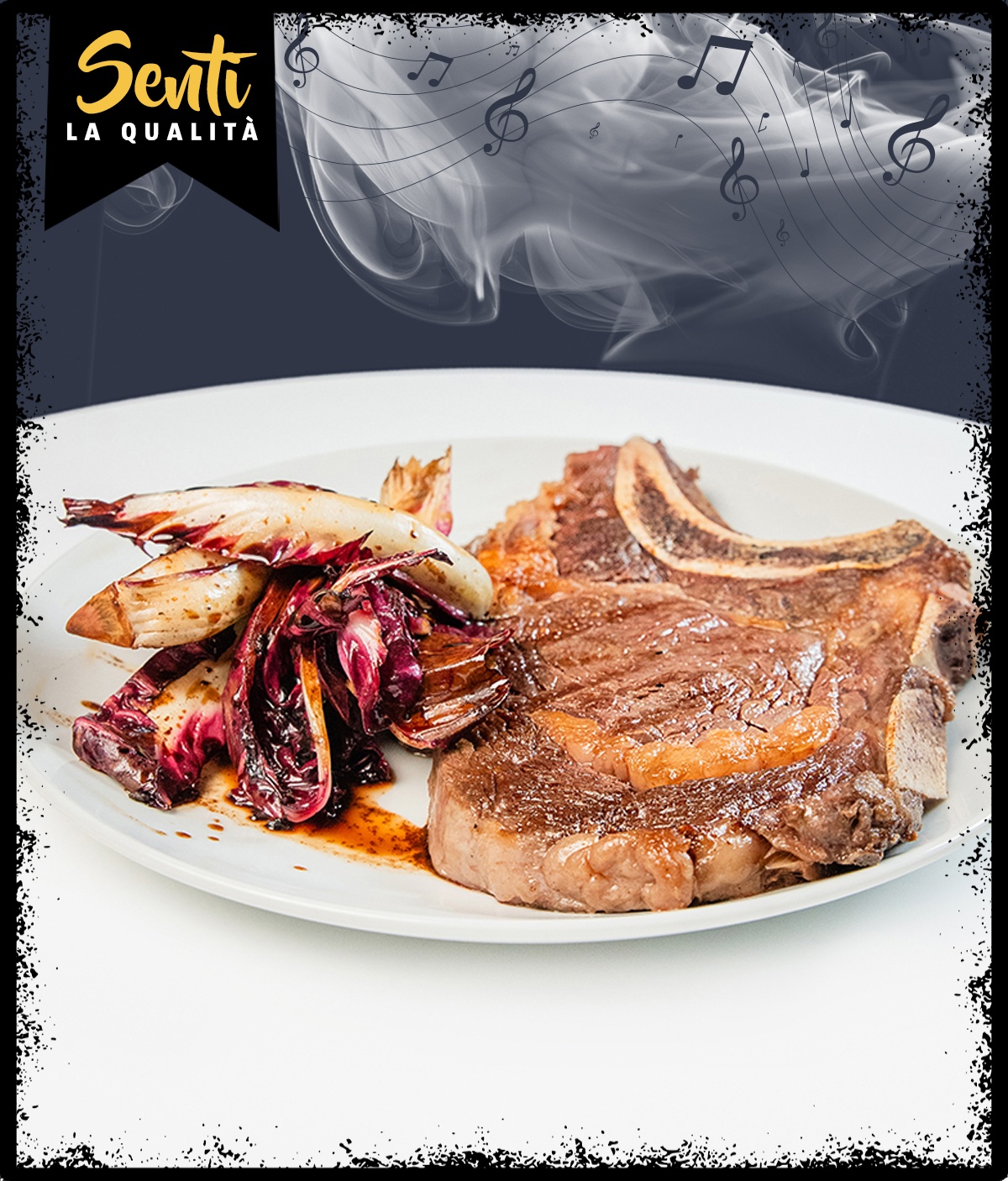 Costata di scottona alla griglia con vinaigrette di aglio nero e radicchio