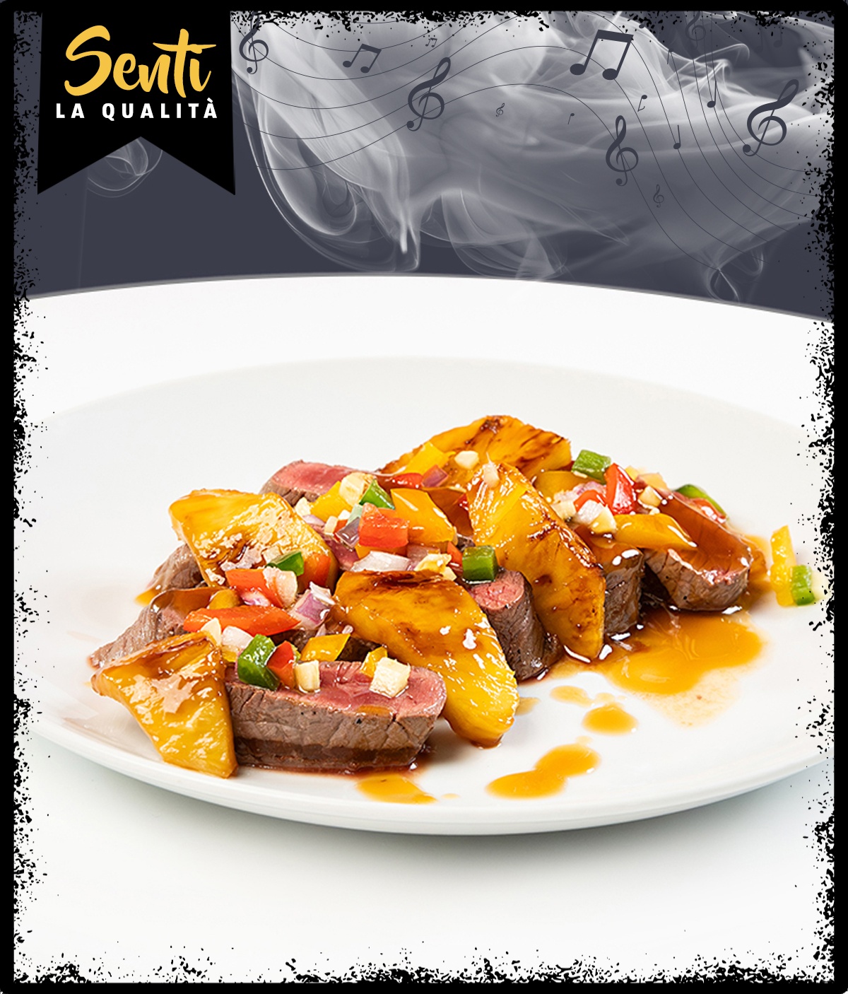 Tagliata di bovino con teriyaki di ananas e pico de gallo