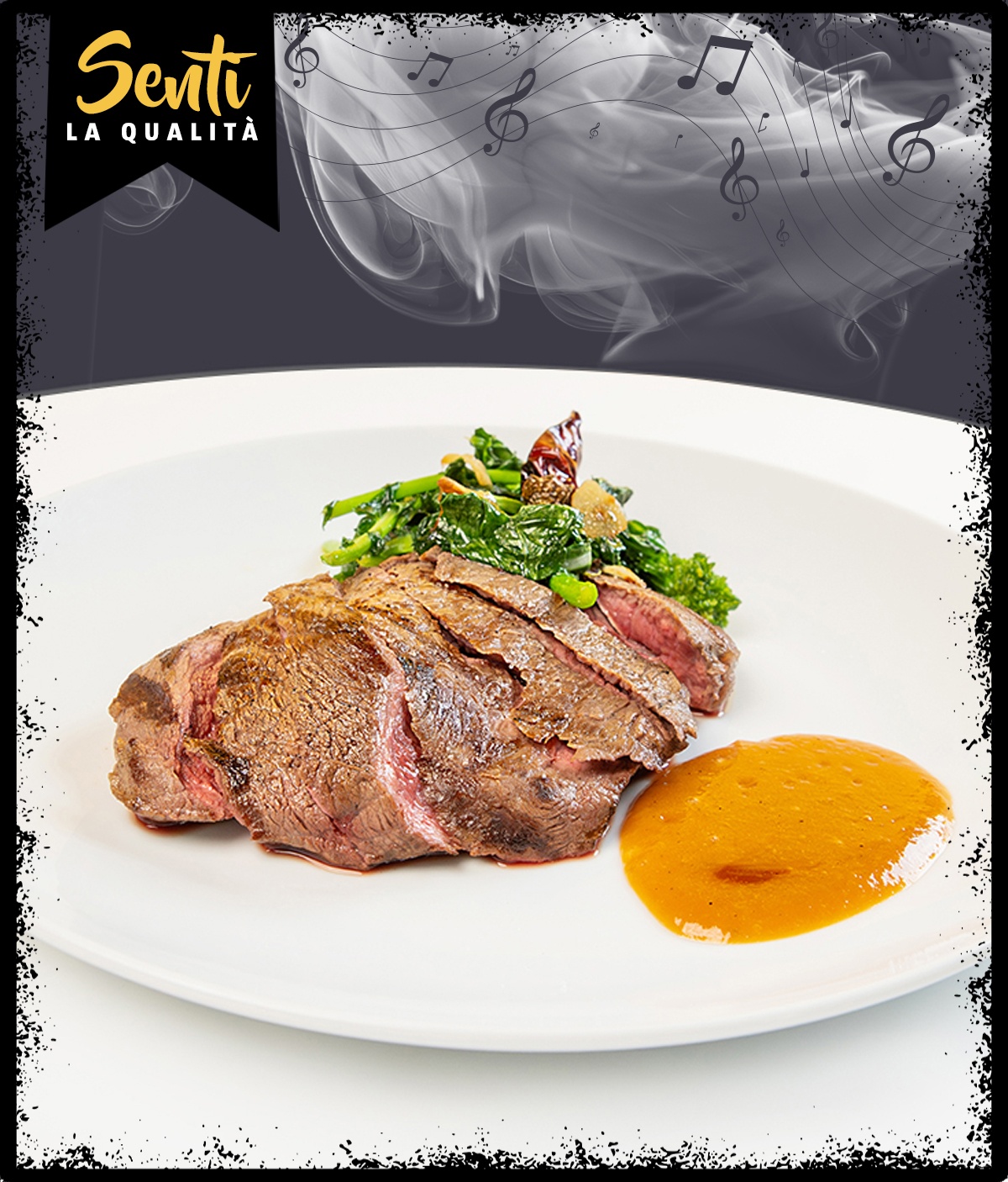 Tagliata di scottona con cime di rapa saltate e BBQ alla pesca