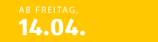 ab Freitag, 14.04.2023 Kalenderkachel mit gelben Hintergrund 