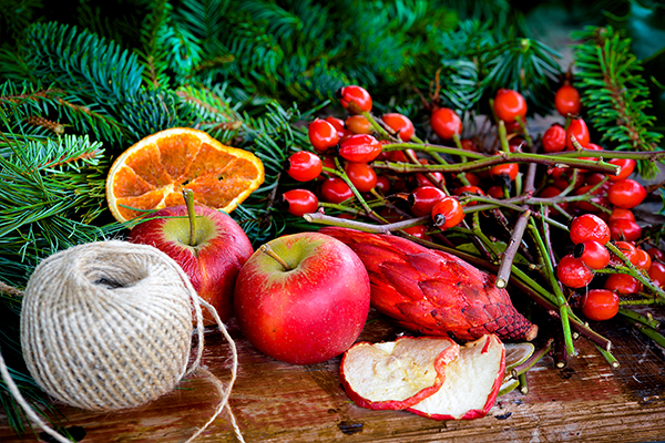 Apfel, Hagebutte und Tannenzweige für das binden eines Adventkranzes