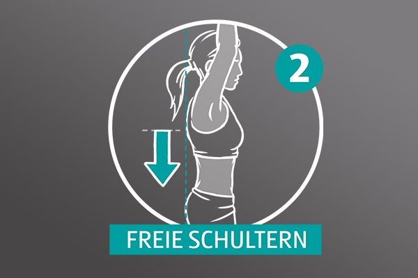 Gezeichnete Frau auf grauem Hintergrund, sie nimmt die Arme hoch, ein Pfeil zeigt an ihrem Rücken nach unten, zu lesen ist eine Zwei und "Freie Schultern".