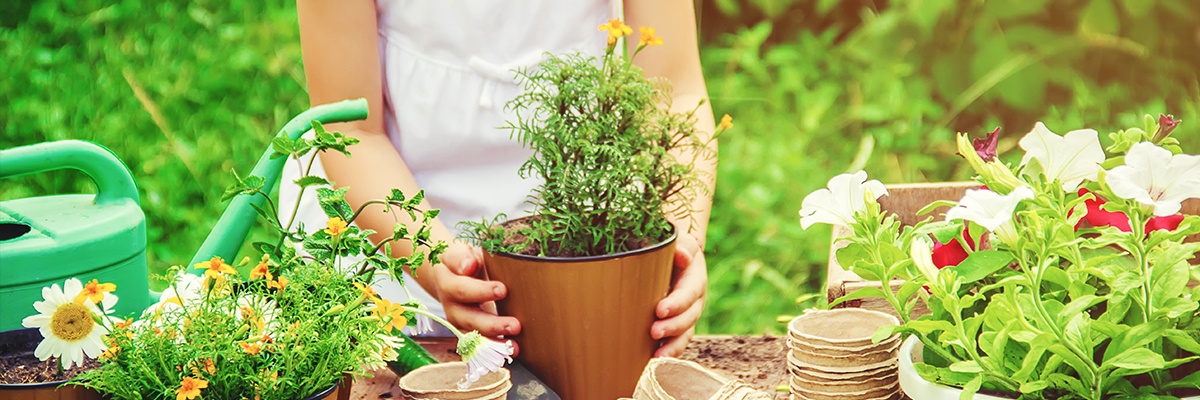 Eine Frau im weißen Kleid fasst einen Topf mit Blumen an. Links und rechts von ihr sind weitere bunte Pflanzen.