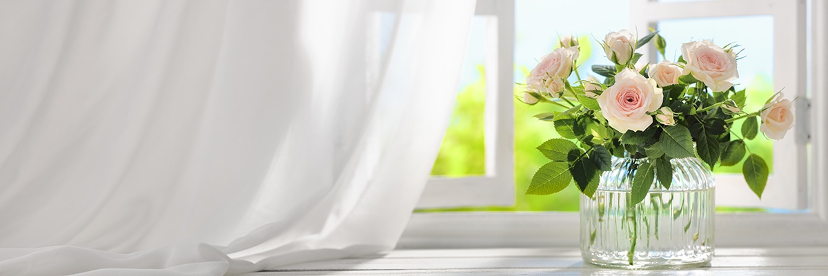 Hellrosa Rosen stecken mit Blättern in einer transparenten Vase. Im Hintergrund weht durch ein offenes Fenster ein weißer Vorhang.