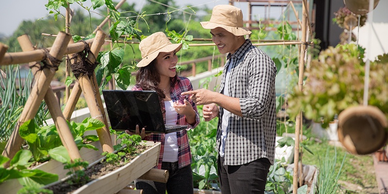 Ein Mann und eine Frau reden miteinander und lachen. Um sie herum sind zusammengebundene Holzstangen, an denen Blätter und Pflanzen verlaufen.