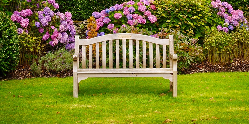 Eine Gartenbank, die auf der Wiese im Garten steht.