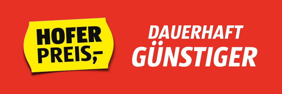 Roter Hintergrund mit Text "HOFER Preis DAUERHAFT GÜNSTIGER