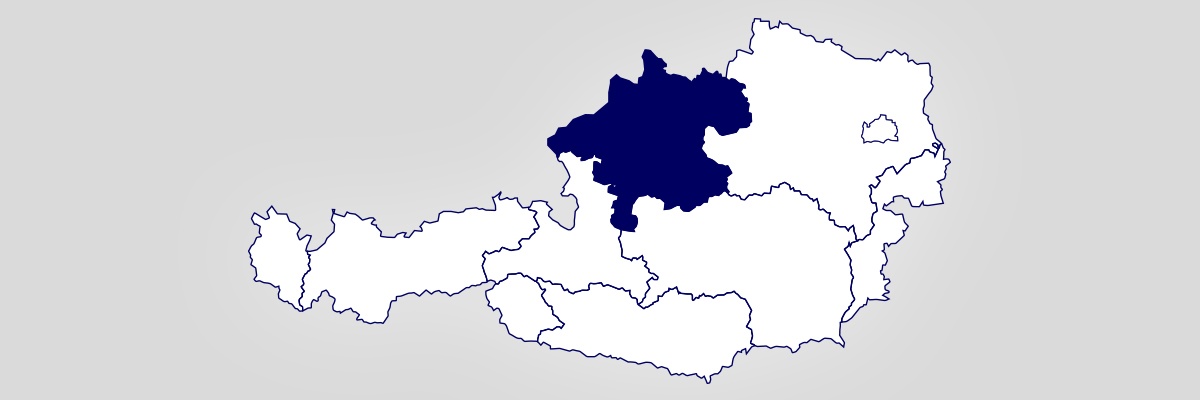 Eine Österreich-Landkarte auf der Oberösterreich hervorgehoben ist.