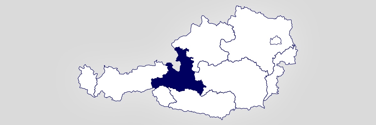Eine Österreich-Landkarte auf der Salzburg hervorgehoben ist.