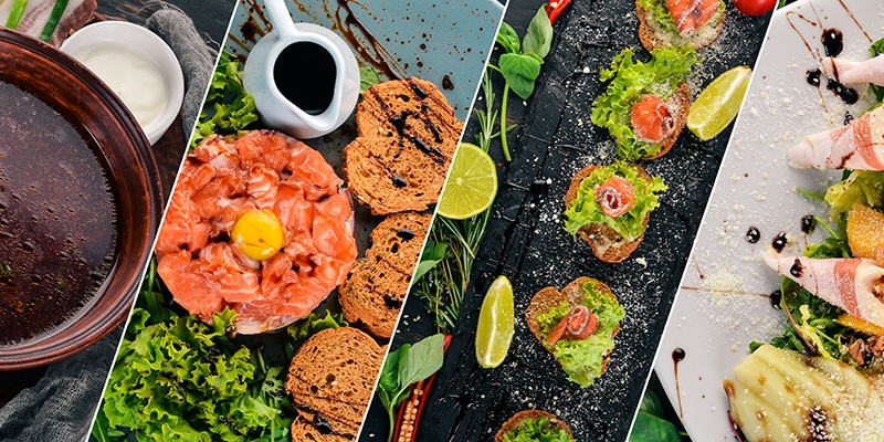 Das Bild ist in mehrere Abschnitte geteilt: Lachs mit Brötchen, belegte Brötchen auf dunklem Untergrund. Ein Teller mit garniertem Salat, Rispentomaten und ein Teller mit Polenta.