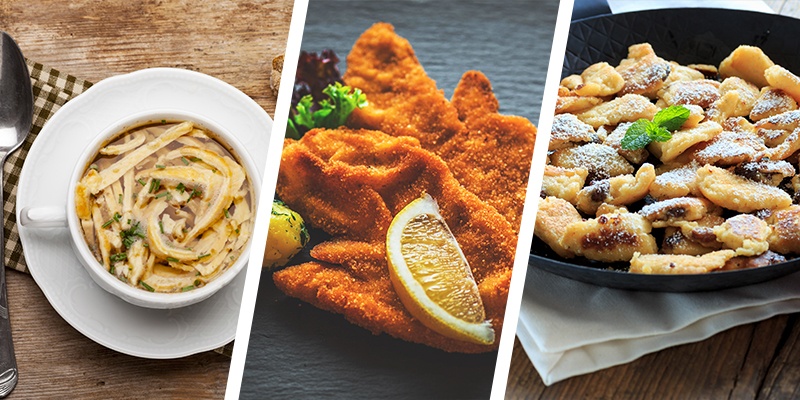 Drei Bilder werden nebeneinander angezeigt: Ein Bild einer Frittatensuppe, ein Wiener Schnitzel und ein Kaiserschmarrn.