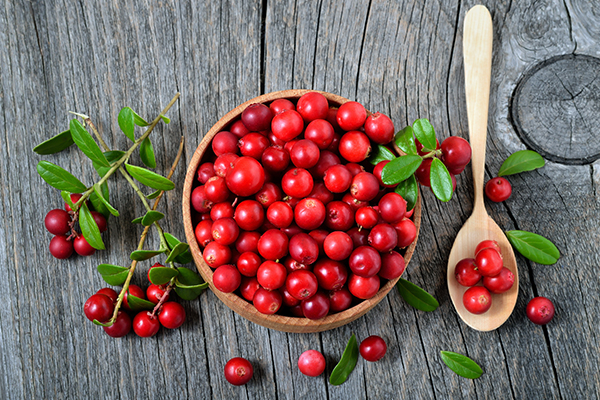Eine Schale mit roten Cranberrys. Daneben ein Holzlöffel mit ein paar Früchten.