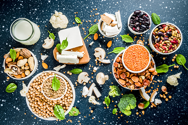 Mehrere Schüsseln mit Bohnen, Kichererbsen, Linsen, Tofu und Nüssen. Verteilt liegen Pilze und Brokkoli auf dunklem Hintergrund.