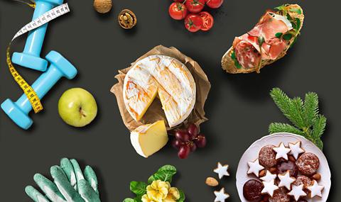 Verschiedene Food Artikel vor dunklem Hintergrund.