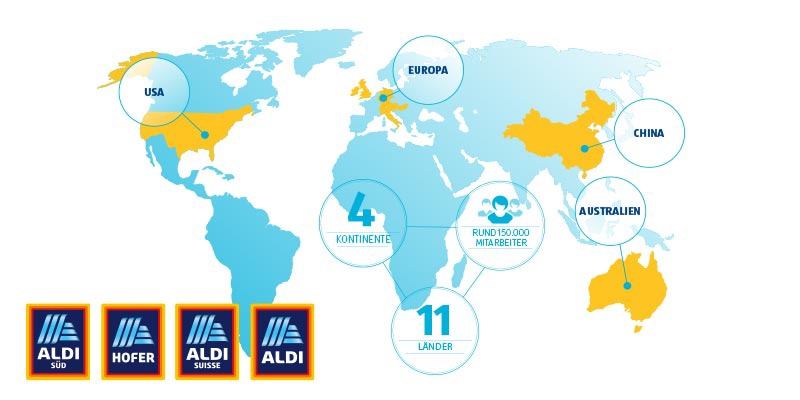 Weltkarte mit Markierungen, die anzeigen, wo ALDI international und national überall vertreten ist. 
