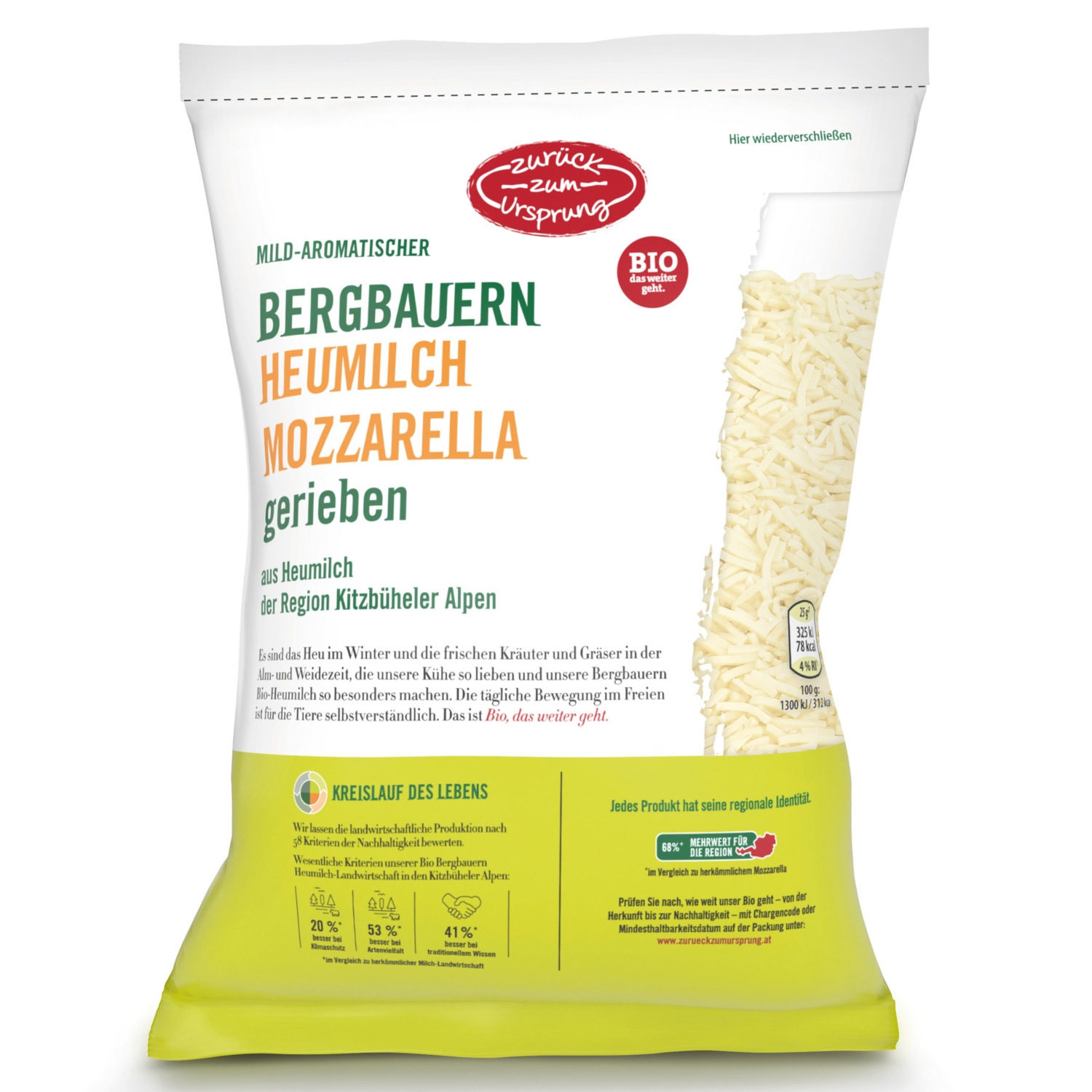 ZURÜCK ZUM URSPRUNG BIO-Käse gerieben, Mozzarella