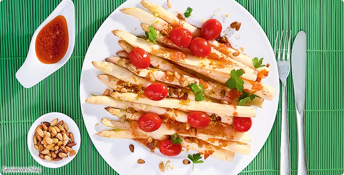 Gebratener Spargel mit Zitrone, Datteltomaten und Pinienkernen | ALDI ...