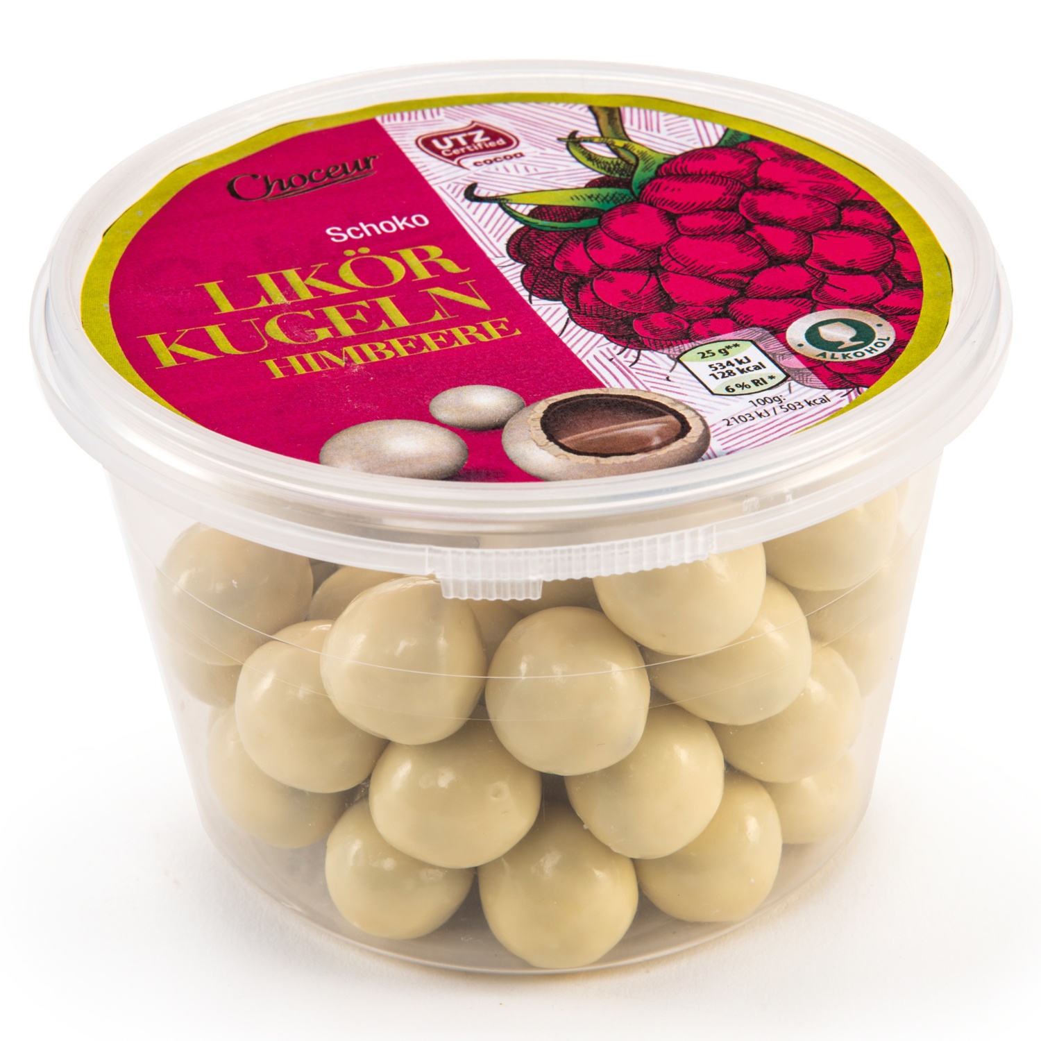 CHOCEUR Schoko Kugeln mit Likör, Weiße Schokolade und Himbeere