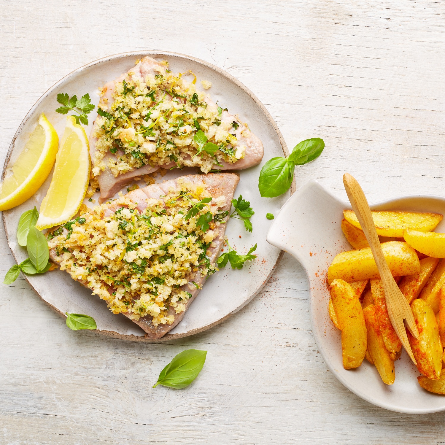 Thunfischfilet Mit Wurzigen Zitronen Krauterbroseln Und Ofen Fritten Aldi Rezeptwelt