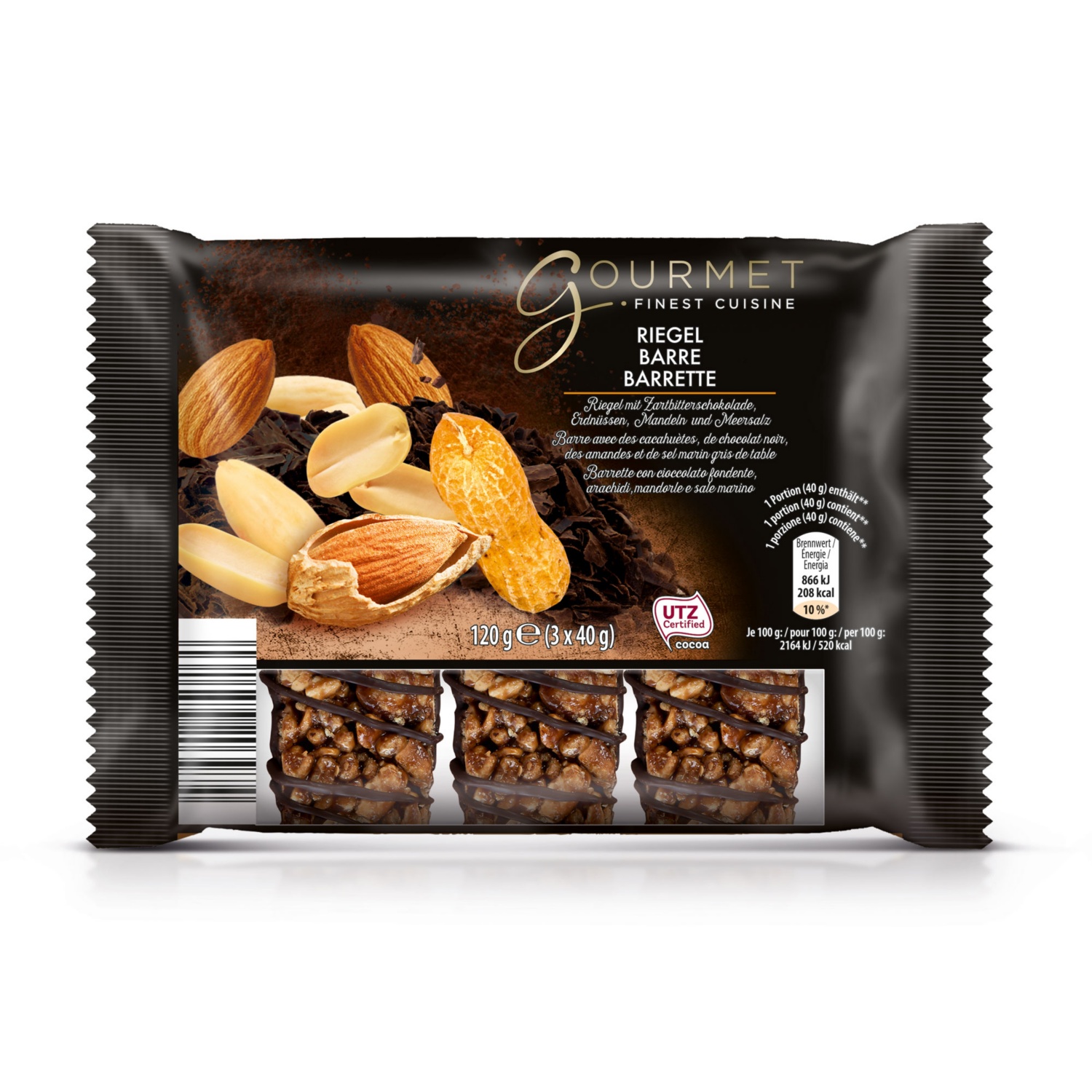 GOURMET Nuss-Riegel, Zartbitterschokolade und Erdnüsse