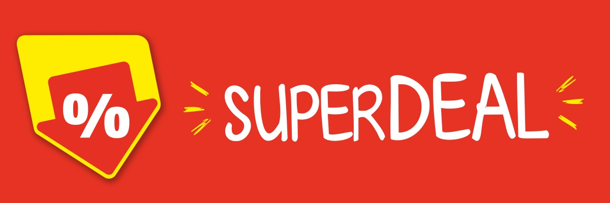 Ein roter Hintergrund mit einem Prozentpfeil nach unten geneigt. Darauf der Schriftzug "SUPERDEAL".