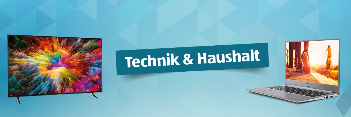 Ein hellblauer Hintergrund mit einem Fernseher und einem Laptop. Dazwischen der Text "Technik und Haushalt".