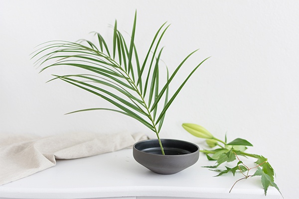 Blumenarrangement mit breitem Fächerblatt in dunkler Schale