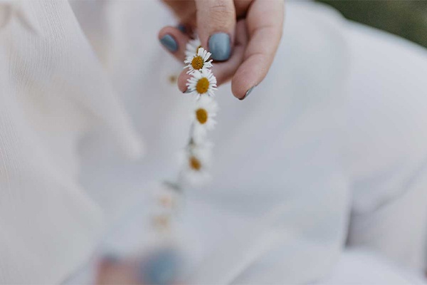 Gänseblümchen nach und nach zu einem schönen Blumenkranz zusammenbinden