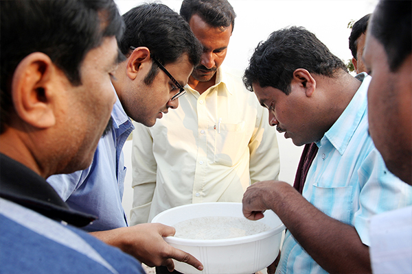 Garnelenzüchter mit einer weißen Schüssel in der Hand