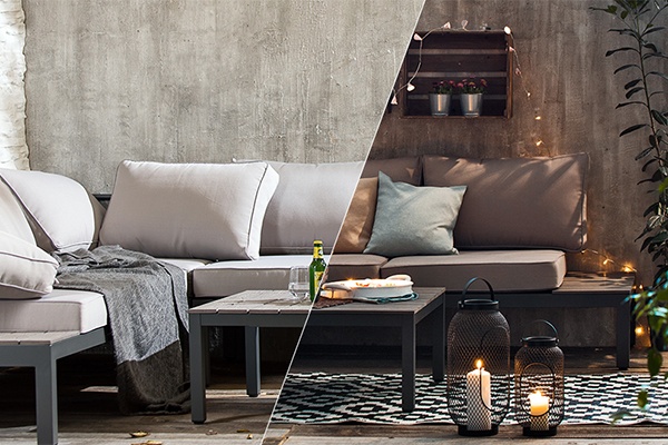 Gemütliche Terrasse mit Sommer-Deko vorher und nachher