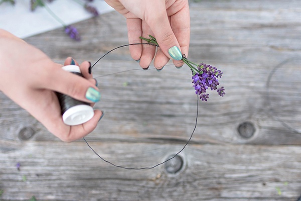 Lavendel um den Kranz binden