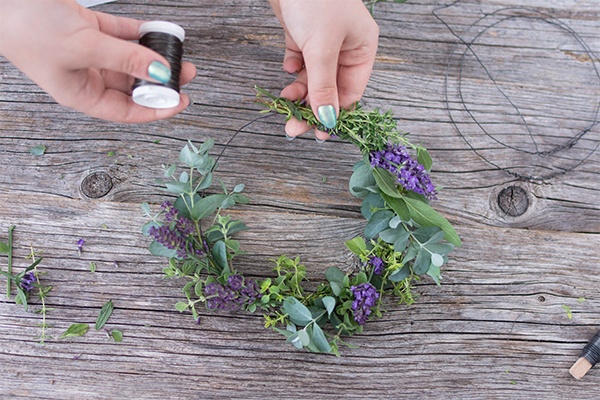 Kranz aus Lavendel und verschiedenen Kräutern binden