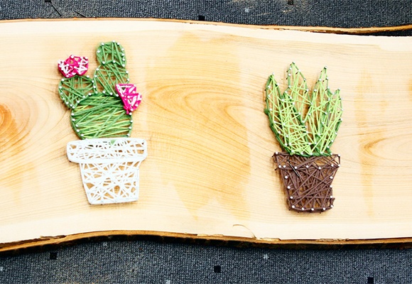 Sommerliche Fadenbilder in Form von Ananas, Kakteen und einem Flamingo