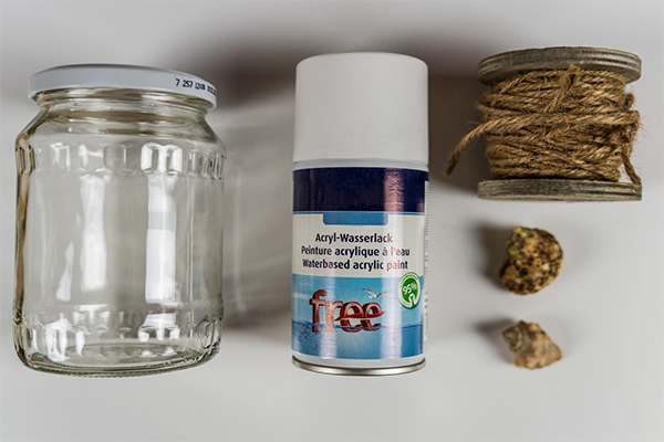 Glas, Sprühlack, Jutekordel, Steine