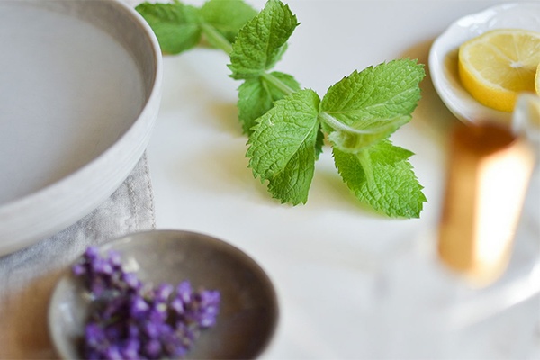 Lavendel, Minze und Zitrone neben einer Schüssel drapiert