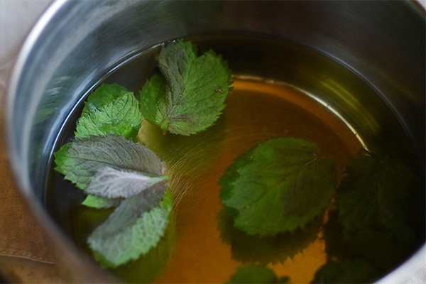 Minzblätter mit kochendem Wasser übergießen