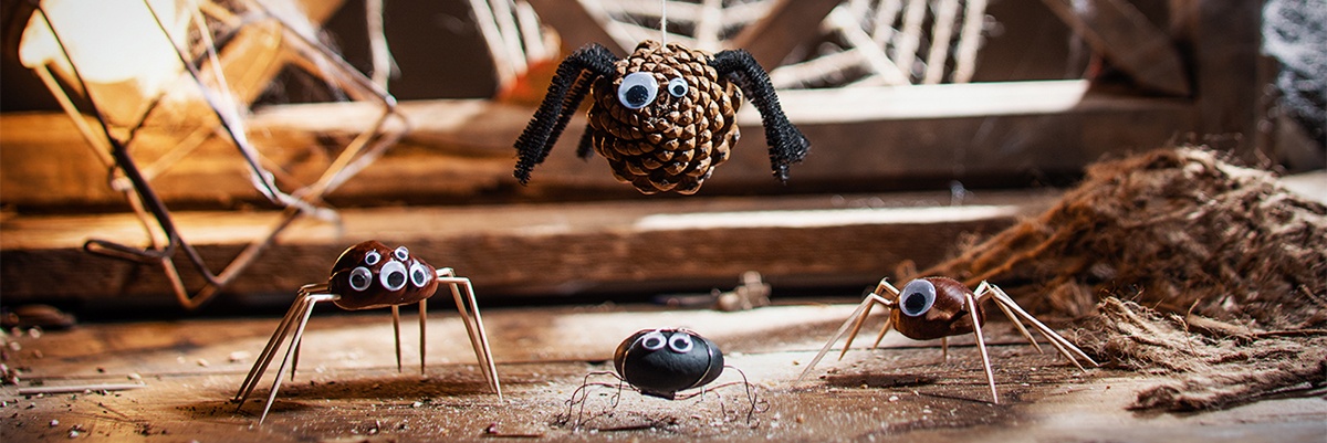 Halloween Deko auf einem gruselig dekorierten Tisch.