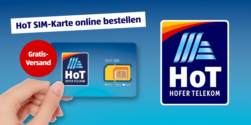 HoT SIM Karte bestellen mit gratis Versand.. Daneben das HoT Logo.