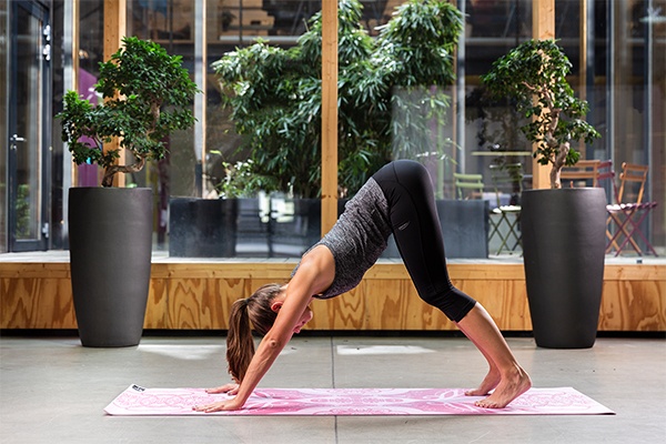 Eine Frau führt die Yoga Übung Hund aus.