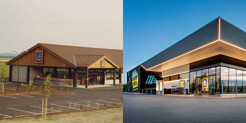 Vergleich alter HOFER Markt links vs. neuer HOFER Markt rechts.