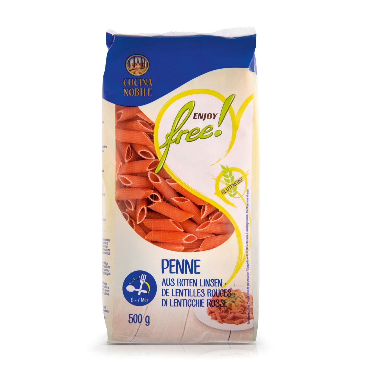 ENJOY FREE! Gemüsepasta, Penne aus roten Linsen