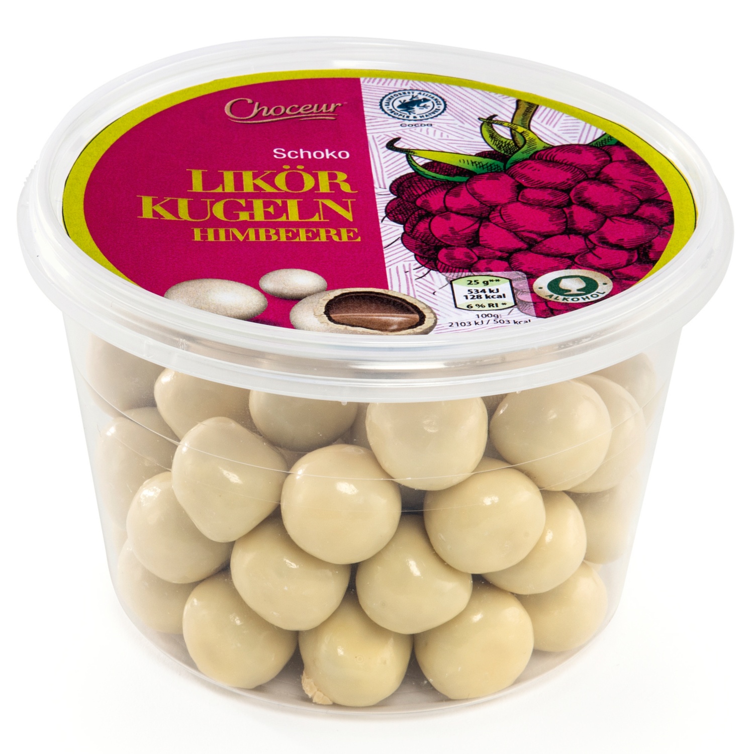 CHOCEUR Schoko Kugeln mit Likör, Weiße Schokolade und Himbeere