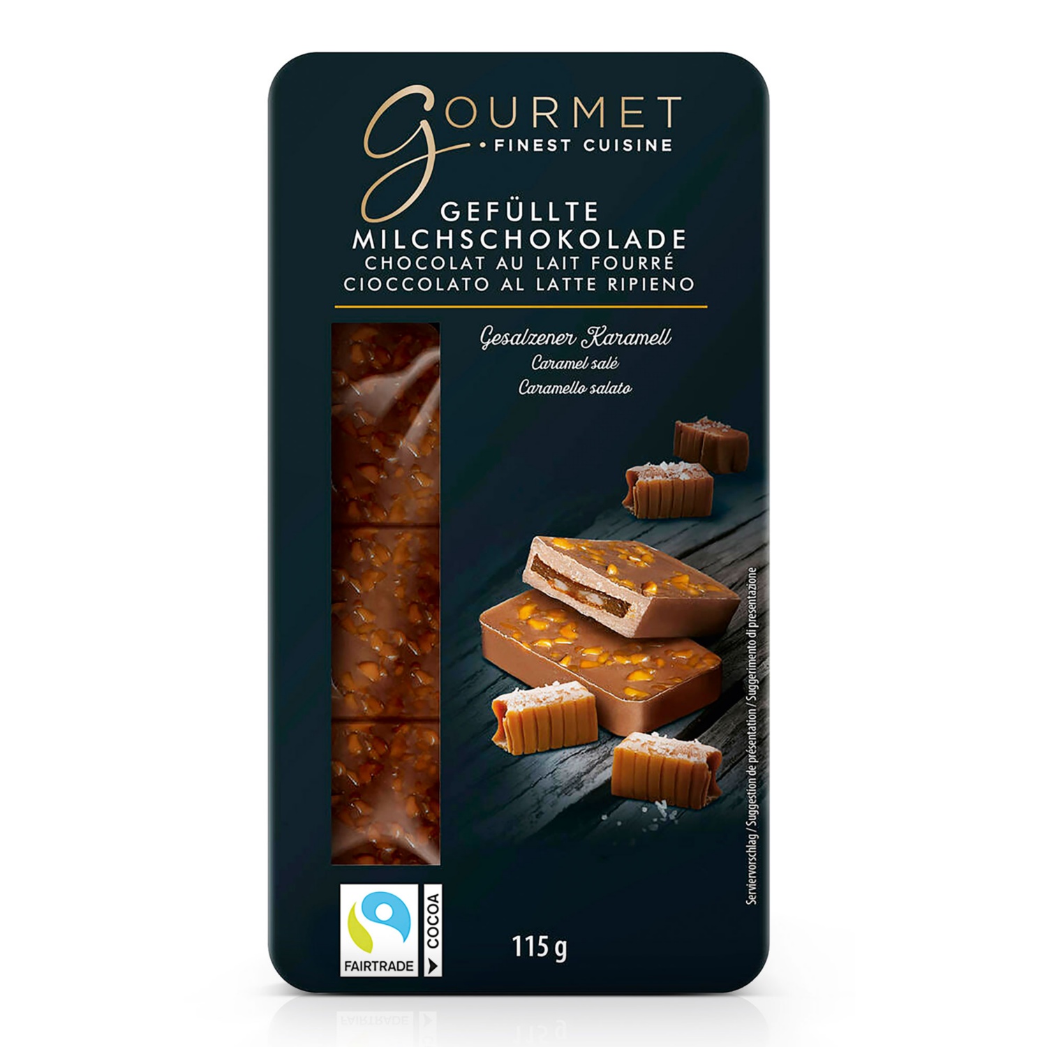 GOURMET Gefüllte Schokoladentäfelchen, Karam. Salz