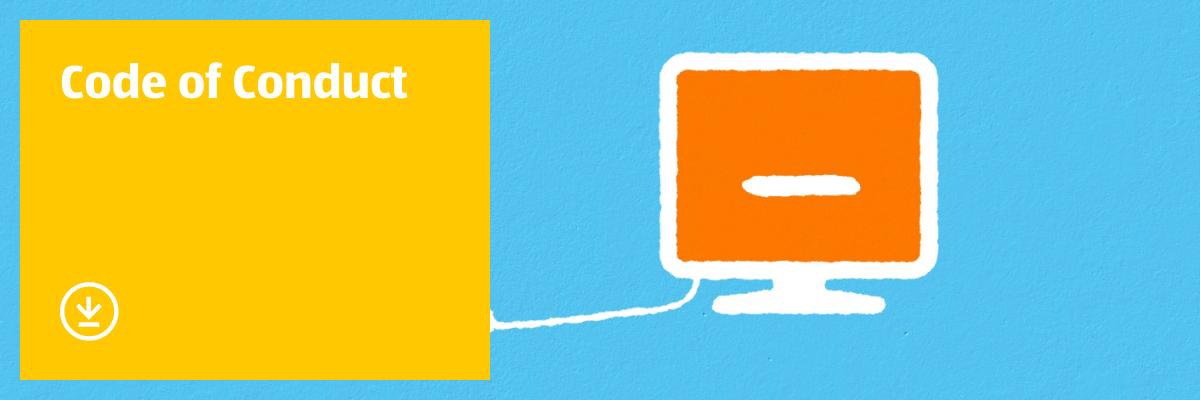 Code of Conduct Text auf gelbem Hintergrund und ein gezeichneter PC auf einem hellblauen Hintergrund